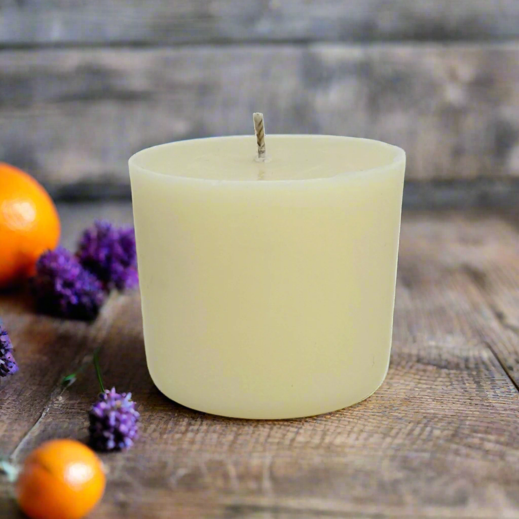White candle refill on a wooden surface with oranges and lavender flowers