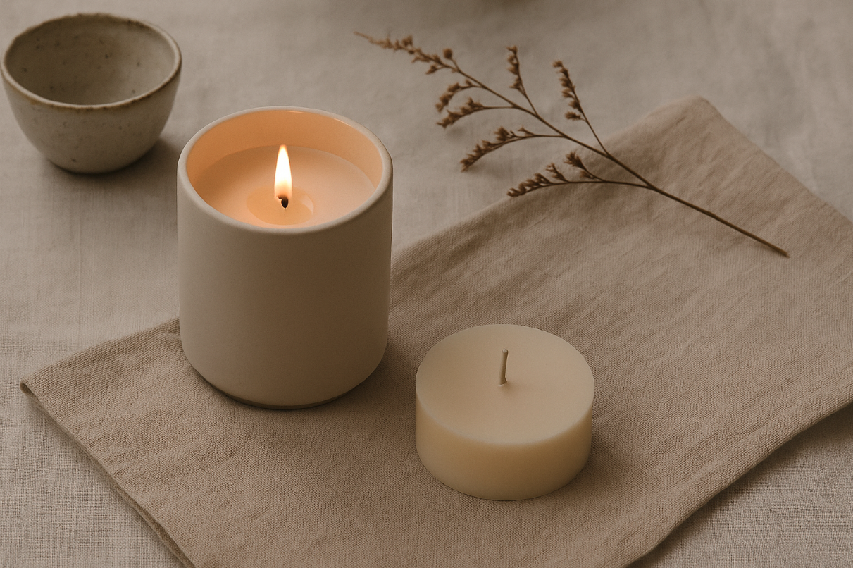 A beige ceramic candle vessel sits on a soft linen cloth, with a warm flame glowing beside an unused wax refill, dried foliage, and a small ceramic bowl, creating a calm Scandinavian-style scene.