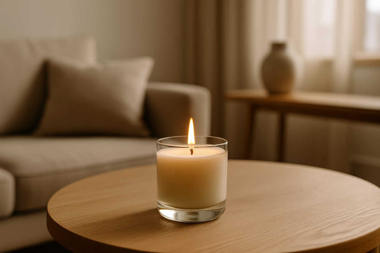 Luxury natural wax candle made from rapeseed and coconut in a 75mm glass vessel, lit on a wooden table in a minimalist living room, premium essential oil refilable candle with warm soft light.