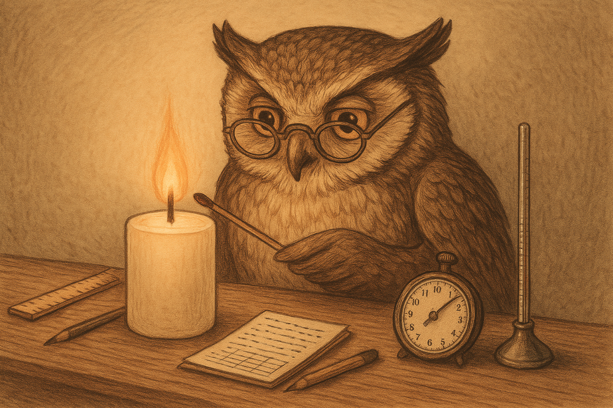 A wise cartoon owl wearing glasses carefully making a candle at a wooden workbench, surrounded by rulers, a stopwatch, notes and a thermometer, in a warm vintage landscape illustration.