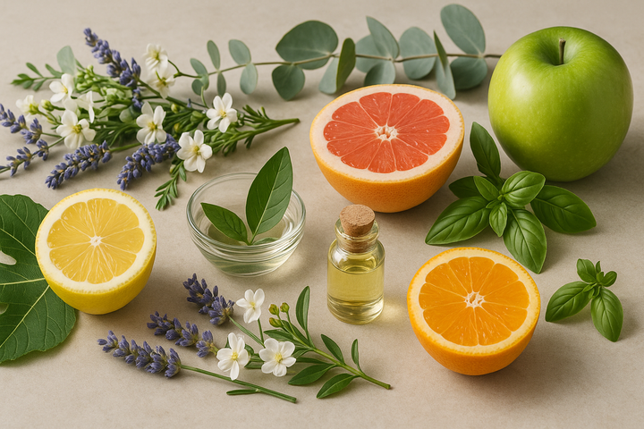 Assorted fruits, flowers, and a bottle of oil on a light background