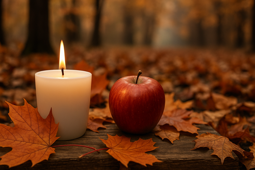 Lit refill Candle and red apple on a wooden surface with autumn leaves in a forest setting