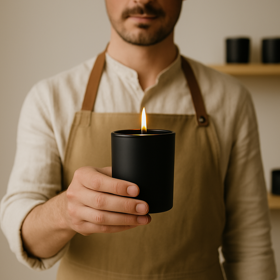 candle maker holding candle jar