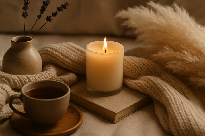 Refill Candle in frosted glass jar, cup of coffee, and book on a textured surface with a cozy blanket and vase.