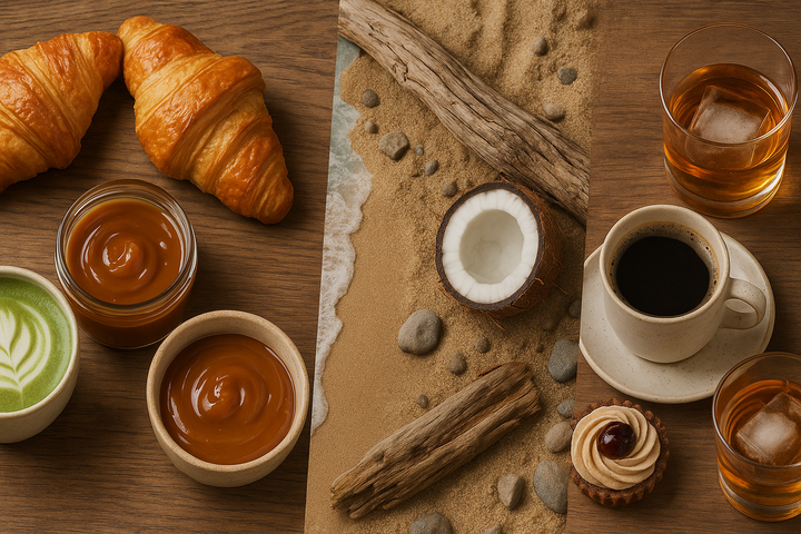 Three images: croissants with jam, a beach scene with a coconut and cookies, and a coffee cup with cookies.