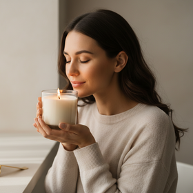 square image of a relaxed woman savouring the scent of a candle burning in a clear glass jar